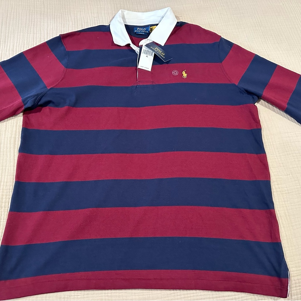 Polo by Ralph Lauren Navy and Burgundy Striped Rugby Polo